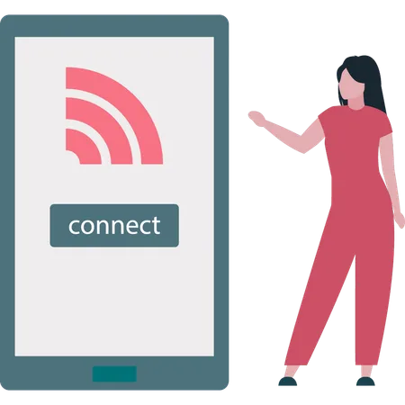 Girl Showing Wi Fi Connection On Mobile Illustration