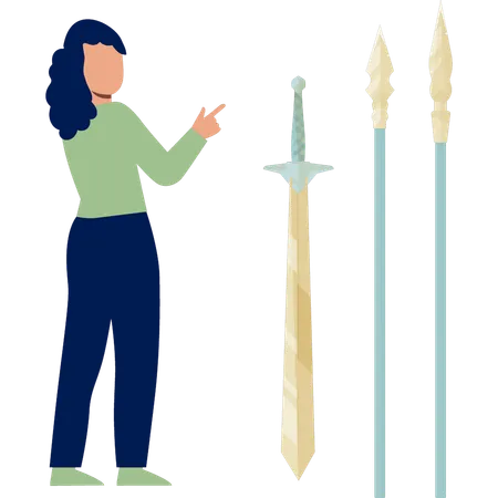 Girl showing wooden swords  Illustration