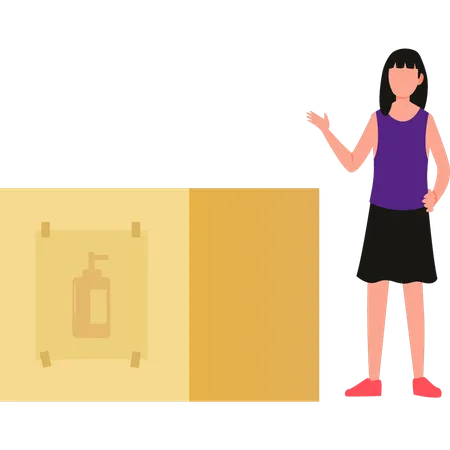 Girl shows a box of sanitizer  Illustration