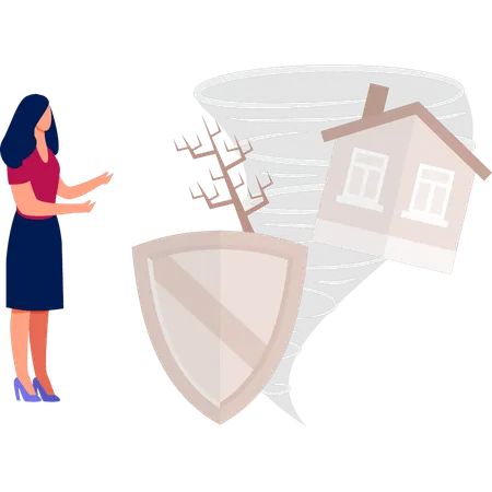 Girl shows the destruction from the storm  Illustration