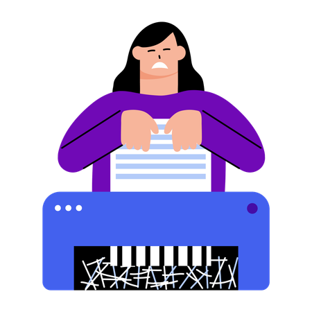 Girl shredding paper in paper shredder  Illustration