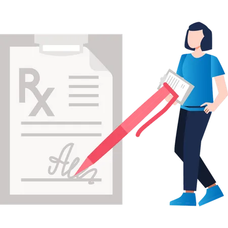 Girl signing RX document  Illustration