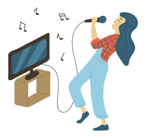 Girl singing karaoke at home Illustration