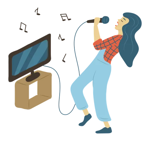 Girl singing karaoke at home Illustration