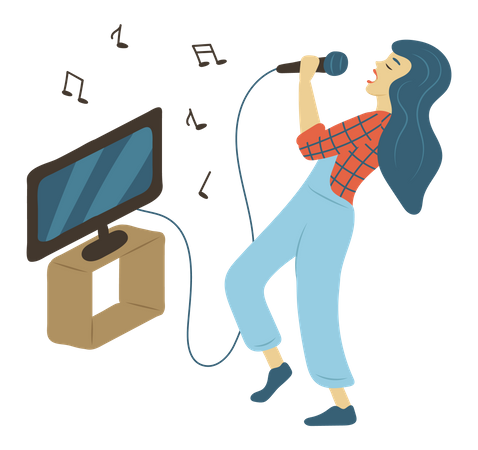 Girl singing karaoke at home  Illustration