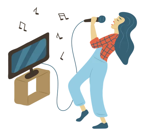 Girl singing karaoke at home  Illustration