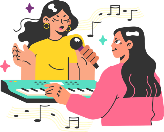 Girl singing song and playing keyboard  Illustration