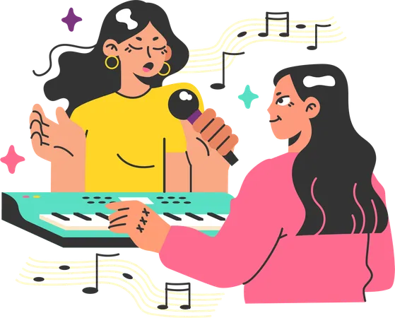 Girl singing song and playing keyboard  Illustration
