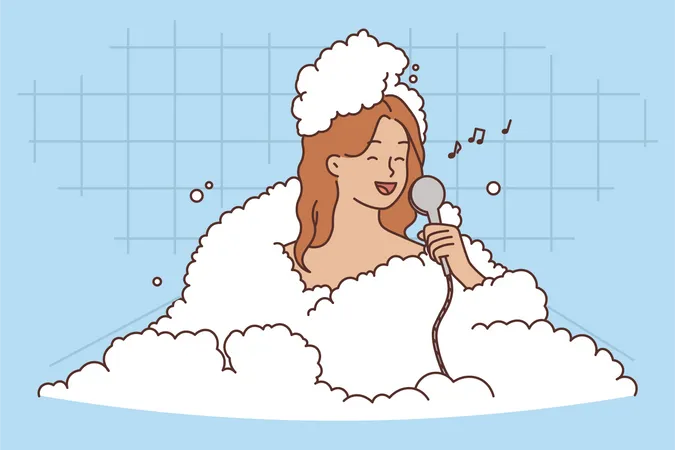 Girl singing song in bathroom  Illustration