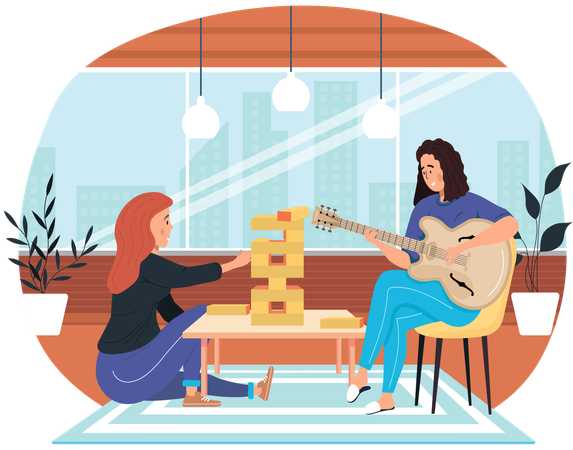 Girl sings song and plays guitar while other girl playing jenga game  Illustration