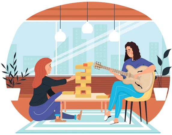 Girl sings song and plays guitar while other girl playing jenga game  Illustration