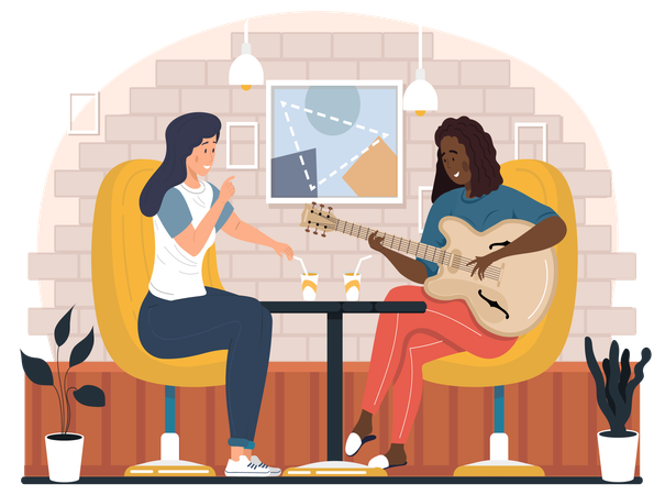 Girl sings song to her friend and plays guitar  Illustration