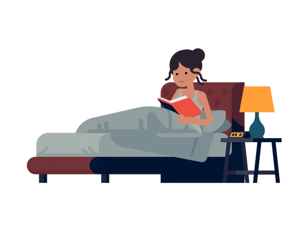 Girl siting on bed reading book Illustration