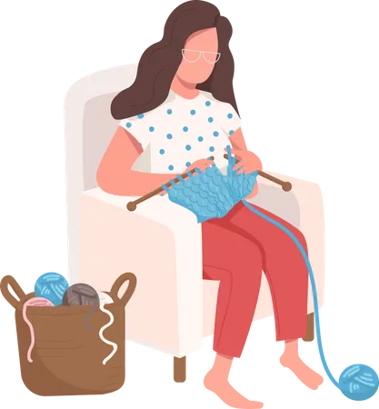 Girl sits knitting Illustration