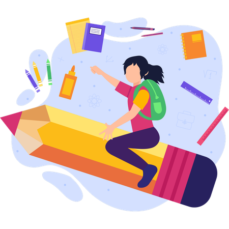 Girl sits on a giant pencil surrounded by a backpack and school supplies symbolizing creativity and learning  Illustration