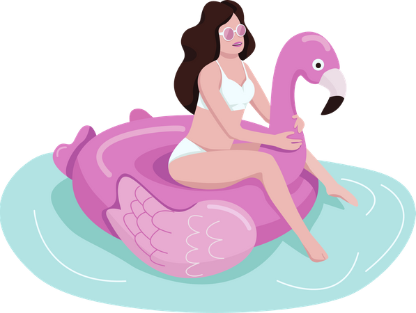 Girl sits on inflatable flamingo Illustration