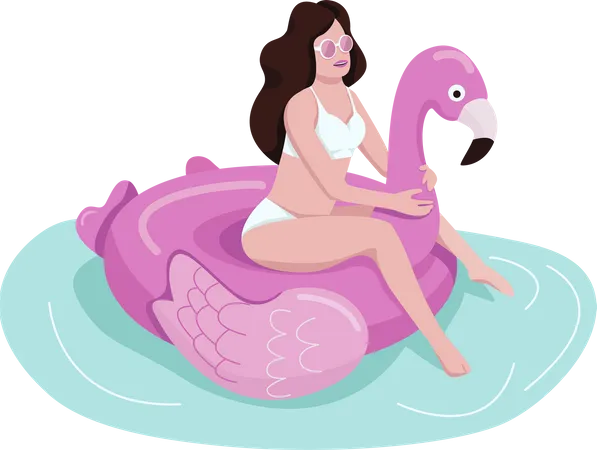 Girl sits on inflatable flamingo  Illustration