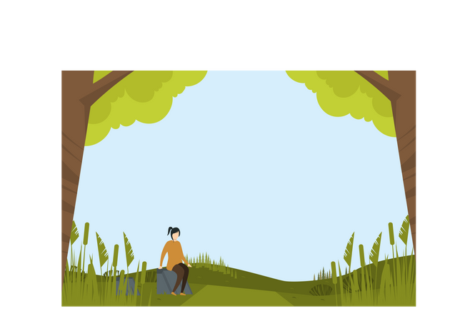 Girl Sitting Alone At Forest And Enjoying Illustration
