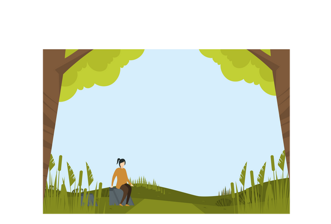 Girl Sitting Alone At Forest And Enjoying  Illustration