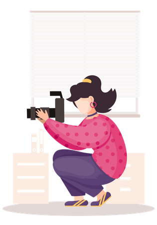 Girl sitting and adjusting the long lens  Illustration