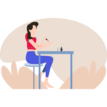 Girl sitting and applying nail polish Illustration