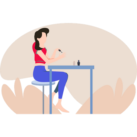 Girl sitting and applying nail polish  Illustration