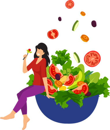 Girl sitting and eating salad  イラスト