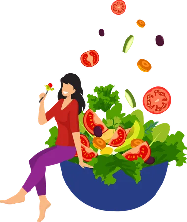 Vector Illustration Girl Sitting And Eating Salad Cucumber Tomato Vegetarian For Good Health Illustration