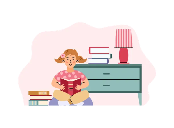 Girl sitting and read book at home library  Illustration