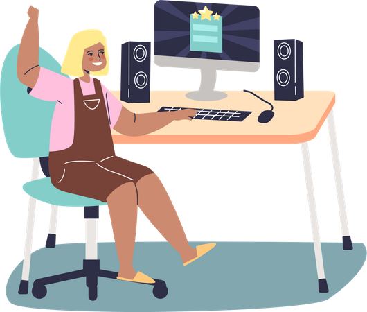 Girl sitting at computer desk  Illustration
