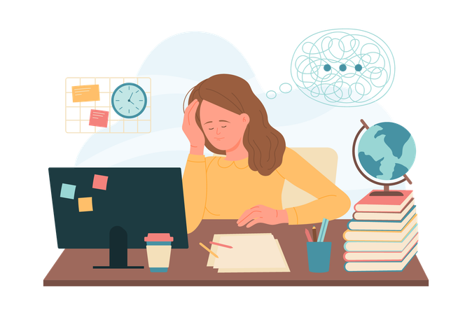Girl sitting at computer desk with confusion of thoughts  イラスト