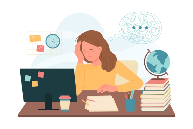 Girl sitting at computer desk with confusion of thoughts  Illustration