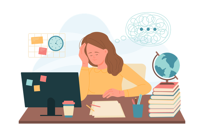 Girl sitting at computer desk with confusion of thoughts  Illustration