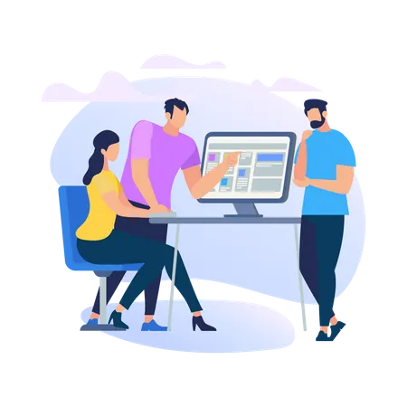 Girl Sitting at Computer Monitor and Listening Men  Illustration
