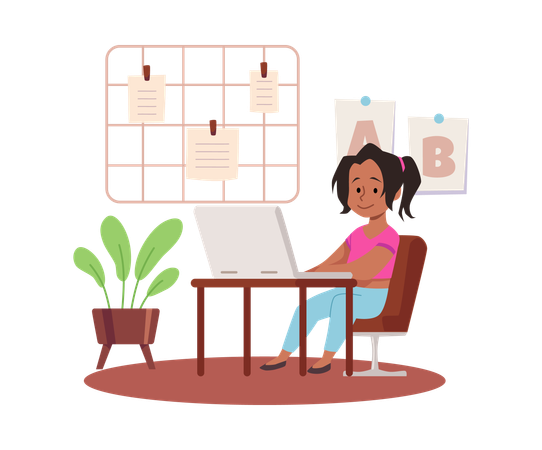 Girl sitting at computer next to a blackboard with notes  Illustration