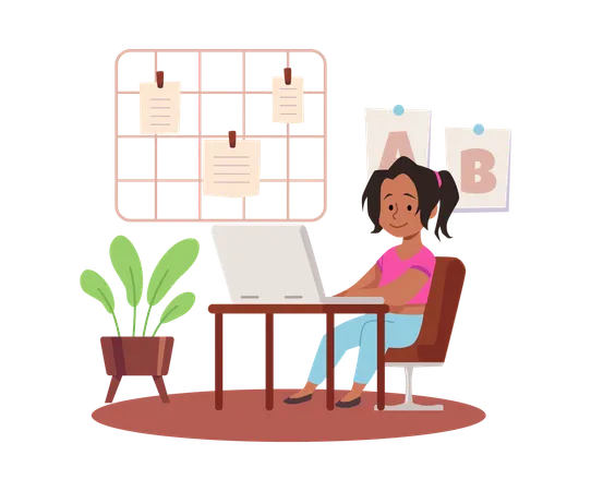 Girl sitting at computer next to a blackboard with notes  Illustration
