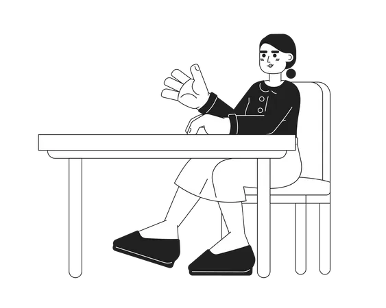 Latina Girl Sitting At Desk Black And White 2 D Cartoon Character University Student Hispanic Woman Gesturing Isolated Vector Outline Person Schoolgirl At Table Monochromatic Flat Spot Illustration Illustration