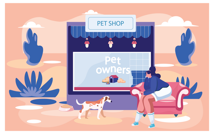 Girl sitting at pet shop with dog Illustration