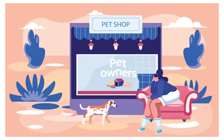 Girl sitting at pet shop with dog  Illustration