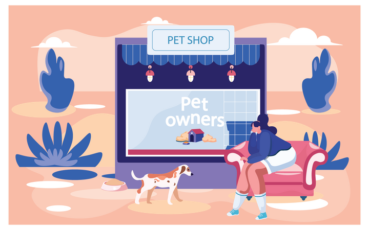 Girl sitting at pet shop with dog  Illustration