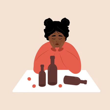 Alcohol Abuse Booze Concept Sad African Girl Sitting At Table And Drinking Wine Social Issue Alcohol Addiction Dangerous Habit Vector Illustration In Flat Cartoon Style Illustration