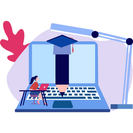 Girl sitting at table using laptop  Illustration