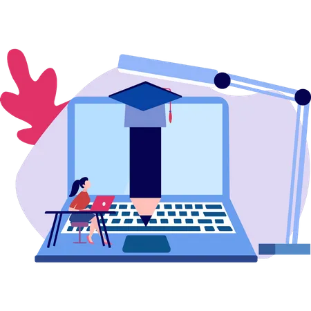 Girl sitting at table using laptop  Illustration