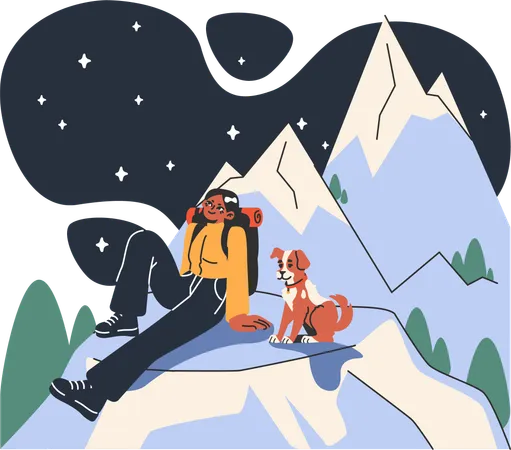 Girl sitting at top point of montain with dog  Illustration