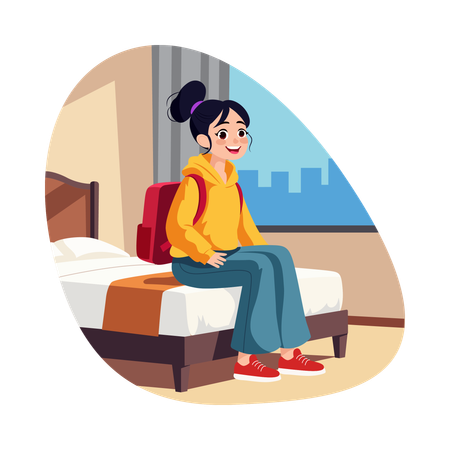Girl sitting beside hotel window  Illustration