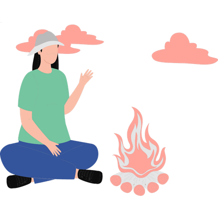 Girl sitting by bonfire  Illustration