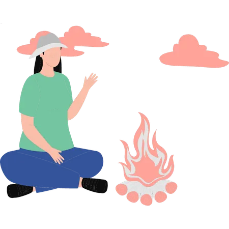 The Girl Is Sitting By The Bonfire Illustration