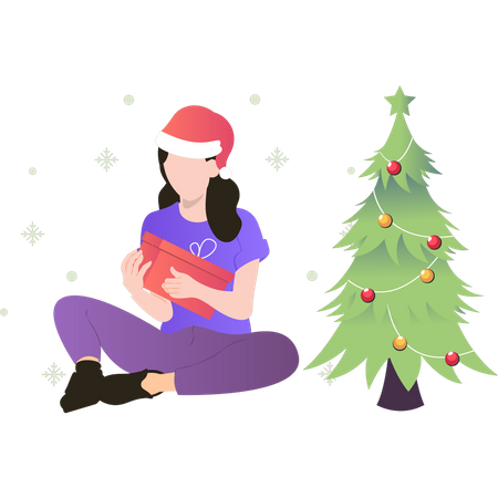Girl sitting by the Christmas tree and holding gift box  Illustration
