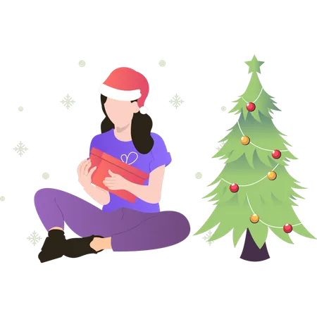 Girl sitting by the Christmas tree and holding gift box  Illustration