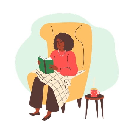 Girl sitting in easy chair with book in her hands  Illustration